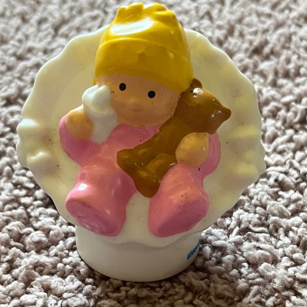Fisher Price Little People Baby in White Chair with Teddy Bear and Bottle Pink